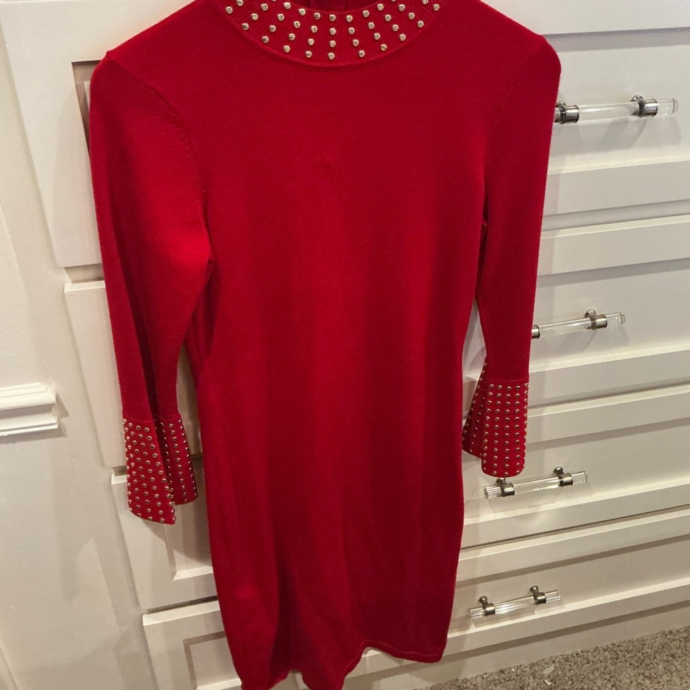 Calvin Klein Red mid length Sleeve Studded Dress - Picture 8 of 11